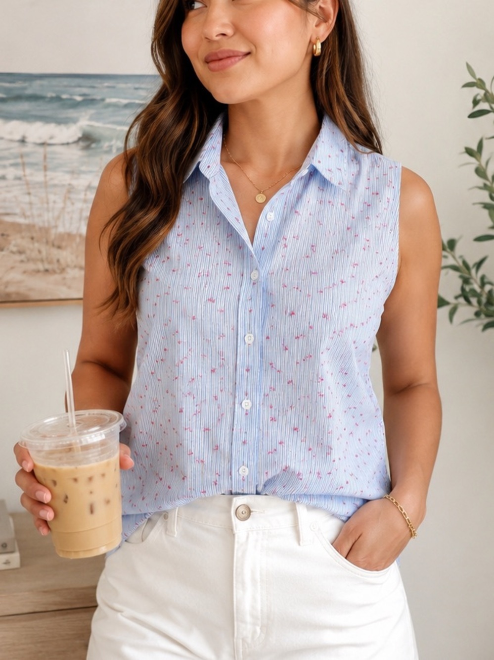 Talbots Light Blue Button-Front Sleeveless Blouse with Pink Dot Print